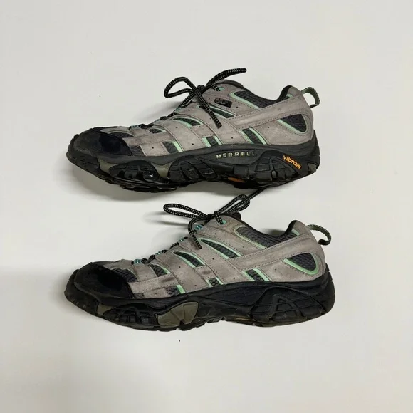 Merrell - Women's Moab 2 Waterproof Lace Up Hiking Shoe in Gray & Mint Green - Picture 4 of 9